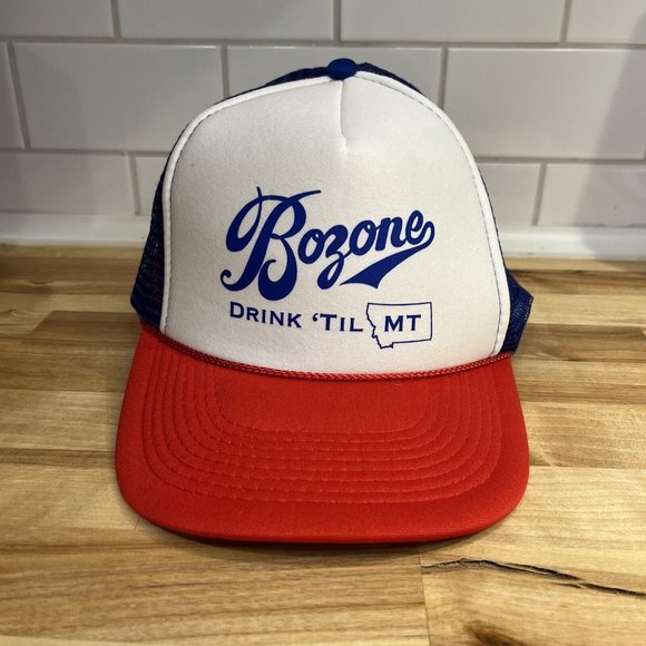 Bozone Drink Til MT Snapback Trucker Hat Cap Cord Detail Red White Blue Mesh Bac - Picture 1 of 9